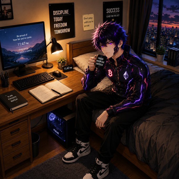 An anime-style digital artwork of a young man with glowing purple eyes sitting at a desk in a dimly lit room, drinking from a 'FOCUS' mug, with motivational posters on the wall and a computer screen displaying '11:47 PM'.