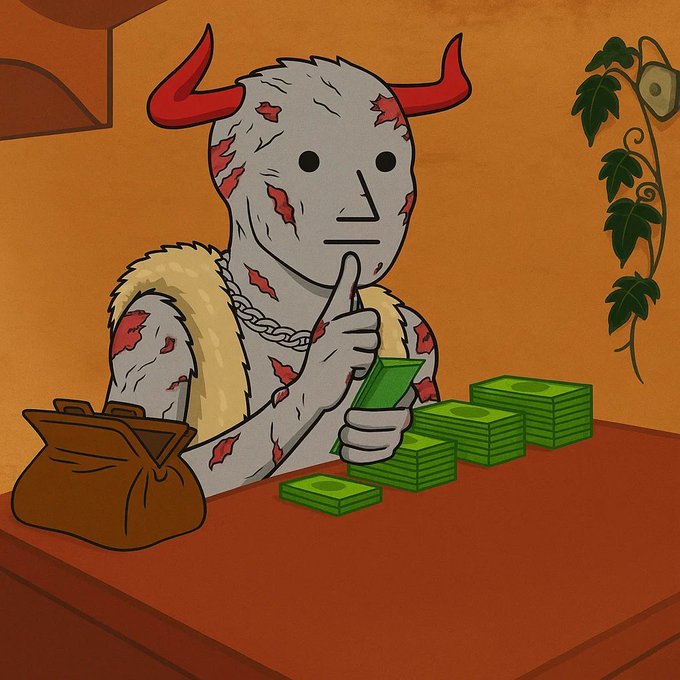 An illustration of a horned gray figure wearing a gold chain and fur stole, sitting at a table counting stacks of green money with a brown money bag.