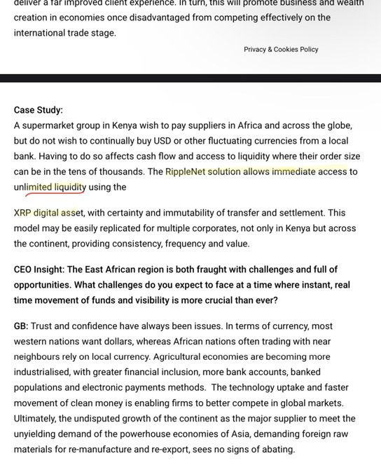 A business case study features the **RippleNet** solution enabling a Kenyan supermarket group to pay suppliers across Africa and globally using **XRP digital asset** for immediate, unlimited cross-border liquidity, with a CEO insight from GB discussing East African challenges in real-time fund movement.