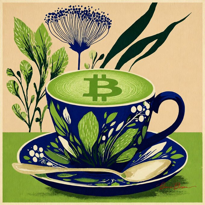 An illustration shows a blue and green floral teacup filled with green matcha-style beverage featuring a Bitcoin 'B' logo on the surface, set against a beige background with green leaves and a dandelion flower.