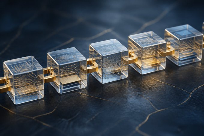 A 3D rendering of glowing transparent glass cubes connected by golden links, containing circuit-board patterns inside, arranged on a dark marble surface.