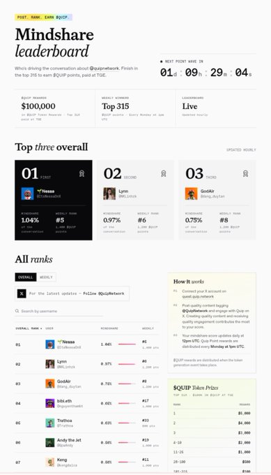 A leaderboard webpage titled 'Mindshare leaderboard' displays rankings for @QuipNetwork, showing 'Naaaa' in first place with $100,000 in rewards and a countdown timer indicating 1 day, 9 hours, 29 minutes, 4 seconds remaining.