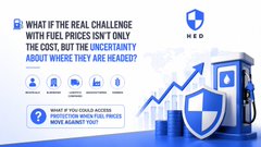 An HEQ promotional graphic asking 'WHAT IF THE REAL CHALLENGE WITH FUEL PRICES ISN'T ONLY THE COST, BUT THE UNCERTAINTY ABOUT WHERE THEY ARE HEADED?' highlighting savings of up to 25%.