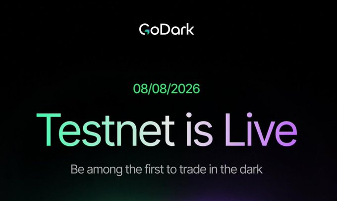 A promotional graphic for "GoDark" announcing the launch of its testnet on 08/08/2026, featuring the tagline "Testnet is Live — Be among the first to trade in the dark" against a dark background with gradient text effects. The image aligns with an airdrop announcement encouraging users to join the GoDark waitlist for early access.