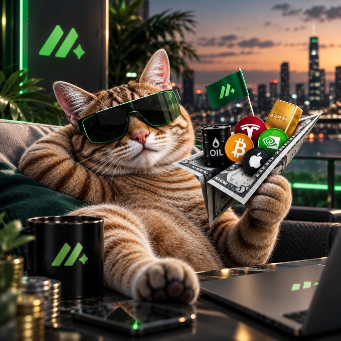 A digitally rendered tabby cat wearing green sunglasses lounges on a couch, holding a paper boat filled with crypto coins (BTC, OIL, etc.), gold bars, and cash, with the XT.com logo visible on a mug and laptop.