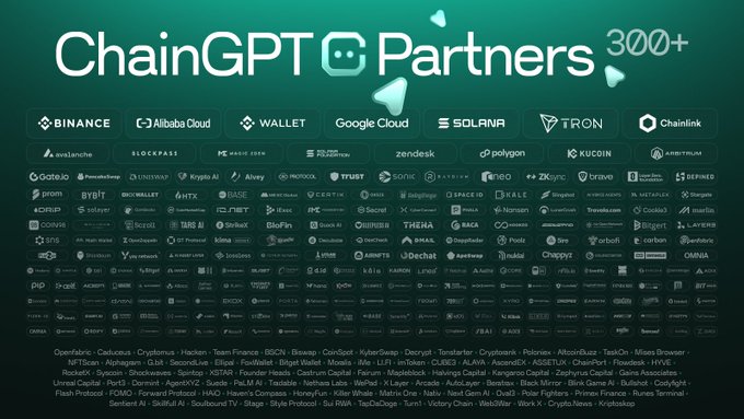 The image features a large poster or banner that displays various logos, including those of companies such as Binance, Google Cloud, Solana, Tron, Chainlink, and Alibaba Cloud. The text on the poster reads "BINANCE. GPT. Partners. 300+". This suggests that there is an event related to blockchain technology and cryptocurrency, possibly a gathering or conference for blockchain enthusiasts.