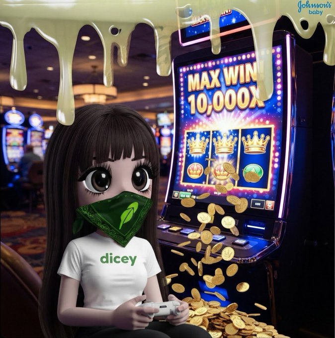 A stylized illustration shows an anime-like doll character with a green bandana covering her mouth, wearing a white 'dicey' t-shirt and holding a game controller while sitting next to a slot machine displaying 'MAX WIN 10,000X' with gold coins pouring out.