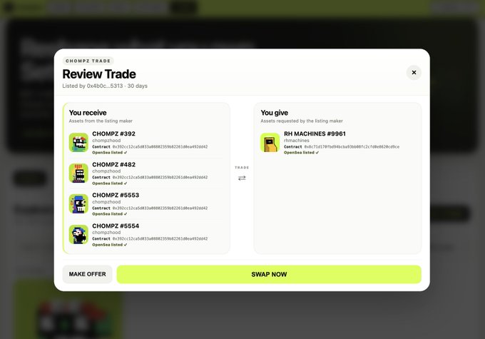 A "Review Trade" modal on CHOMPZ.TRADE showing a trade offer to receive four CHOMPZ assets in exchange for one RH MACHINES #9961 asset, with "MAKE OFFER" and "SWAP NOW" buttons.