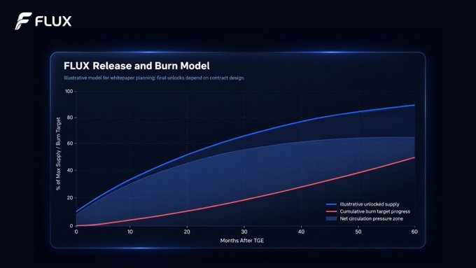 A line chart titled "FLUX Release and Burn Model" illustrating an illustrative token release and burn projection over 60 months post-TGE, showing the unlocked supply curve (blue) rising toward ~90%, cumulative burn target progress (red) reaching ~50%, and net circulating pressure (shaded blue) in between. The chart visually supports the post's message that $FLUX's burn mechanism is grounded in transparent, utility-driven supply discipline rather than short-term price speculation.