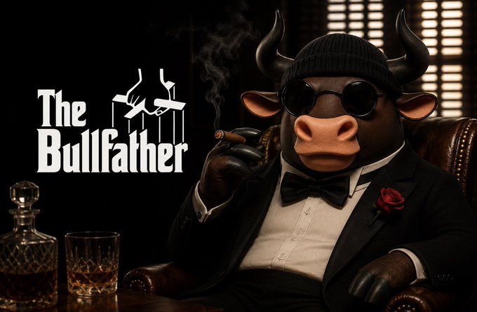 A bull wearing a suit and sunglasses smokes a cigar with the text "The Bullfather." The image evokes a godfather-style figure, humorously suggesting that $Ansem is the powerful "Bullfather" overseeing and strengthening its ecosystem.