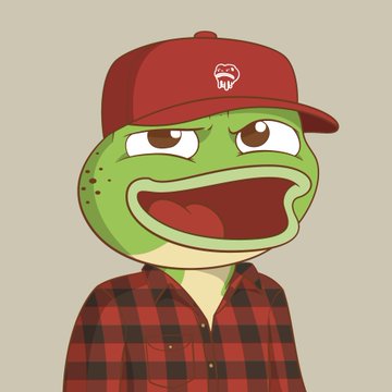 An illustration of the Pepe the Frog meme wearing a red and black checkered flannel shirt and a red baseball cap with a dripping mouth logo.