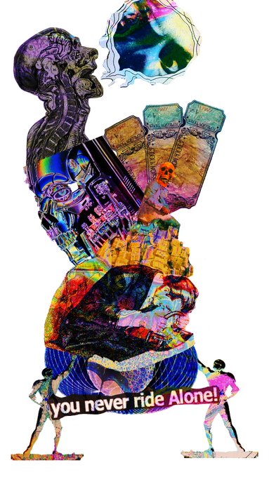 A vibrant collage-style digital artwork featuring abstract figures, colorful geometric shapes, and an iridescent skull motif, with two silhouetted figures holding a banner at the bottom that reads "you never ride Alone!"—perfectly capturing the post's message about community and connection within the Tezos NFT art scene on objkt.com.