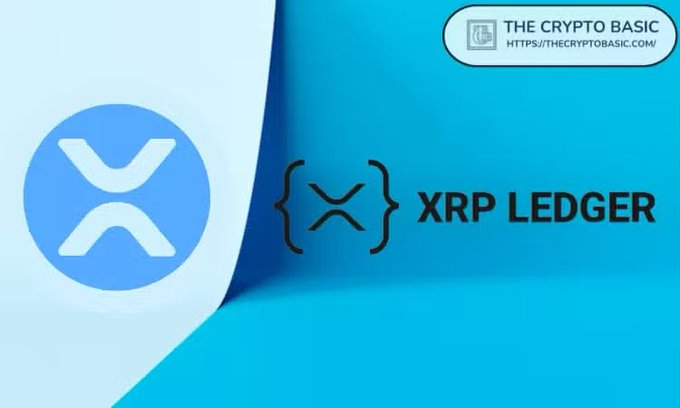 The image shows the blue XRP cryptocurrency logo alongside the "XRP LEDGER" text with brackets, watermarked by "The Crypto Basic" (thecryptobasic.com). This visual ties into the breaking news about XPMarket voting yes on XLS-65 and XLS-66 amendments to introduce native lending capabilities, single asset vaults, and an on-ledger lending protocol to the XRP Ledger ecosystem.