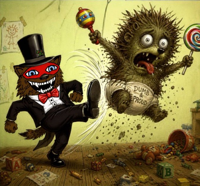 A colorful illustration depicts a mischievous cartoon wolf in a tuxedo and top hat kicking a spiky, frightened monster wearing a diaper labeled 'DUMB & PROUD' through a chaotic nursery floor covered in toys and debris.