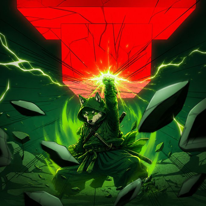 A hooded fox-like warrior clad in green robes raises a glowing green fist toward a shattered red emblem, channeling electric energy and exploding shards of debris in a defiant stance. The image visually embodies the rallying cry "NOT ON OUR WATCH! $WOOF," portraying the $WOOF community as a fierce protector standing guard against threats.