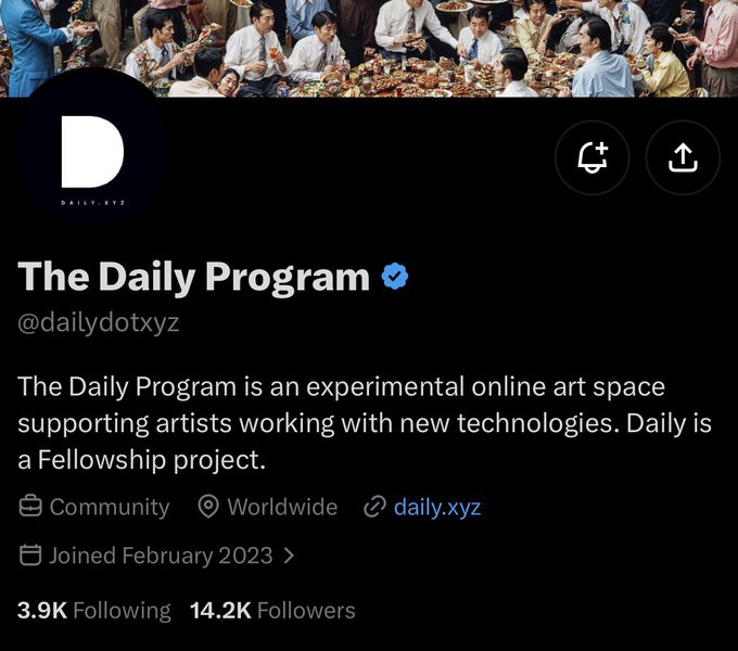 The verified Twitter profile “The Daily Program” (@dailydotxyz) describes itself as “an experimental online art space supporting artists working with new technologies,” listing daily.xyz and counts of 3.9K following and 14.2K followers.