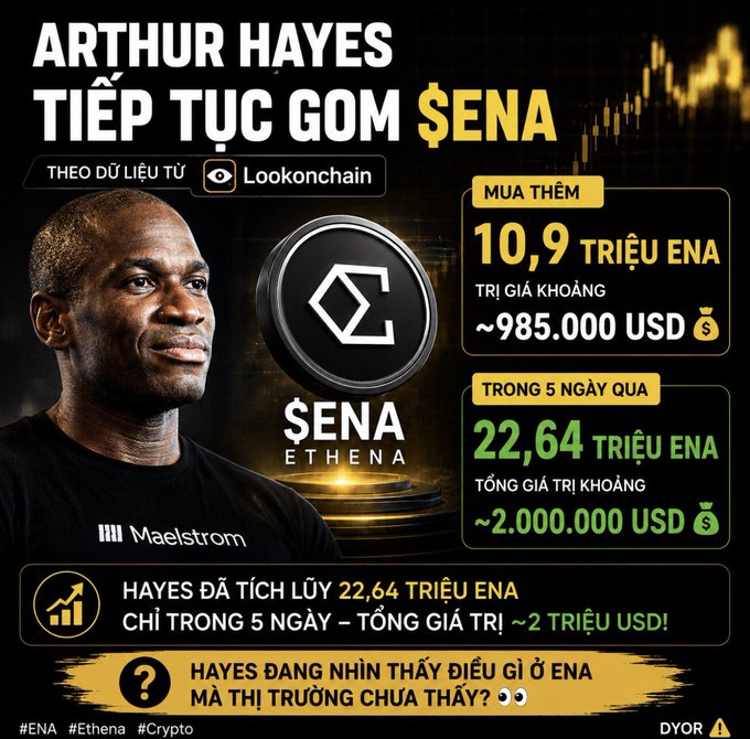 A Vietnamese crypto infographic titled 'ARTHUR HAYES TIẾP TỤC GOM $ENA' features Hayes and reports he bought 10.9 million ENA (~$985,000), accumulating 22.64 million ENA (~$2,000,000) over 5 days, tagged with #ENA, #Ethena, #Crypto, and DYOR.