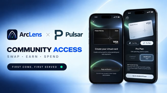 A promotional graphic for 'ArcLens x Pulsar' titled 'COMMUNITY ACCESS' featuring 'SWAP · EARN · SPEND' with two smartphone mockups displaying virtual card creation interfaces.