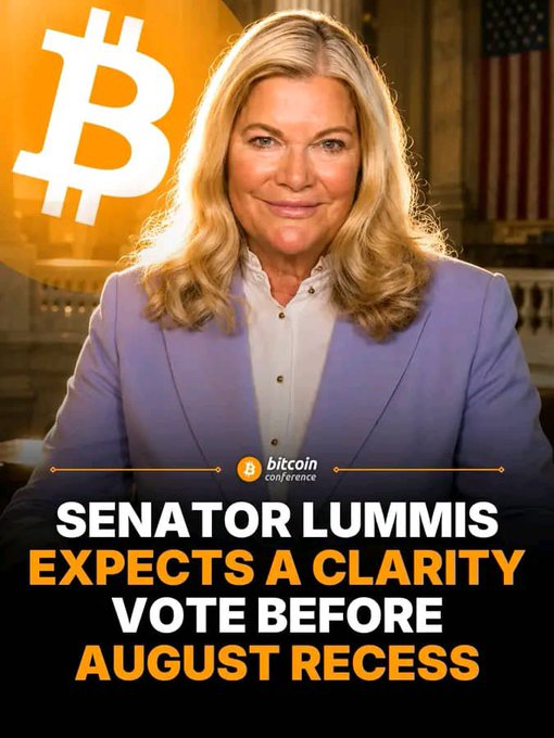 The image features Senator Lummis alongside a Bitcoin logo, with text stating "Senator Lummis Expects a Clarity Vote Before August Recess," reinforcing her on-air comments about pushing the CLARITY Act forward on the pre-recess agenda.
