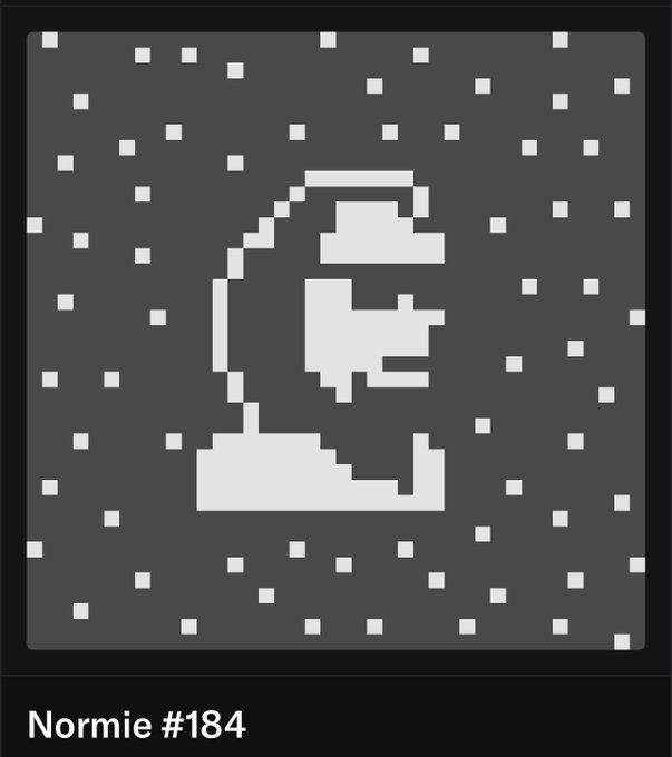 A pixel art profile image (Normie #184) featuring a 3D-rendered letter 'E' on a dark gray background with a dotted pattern, characteristic of the Normie NFT collection.