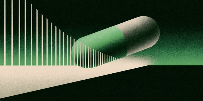 A stylized green-and-cream capsule lies beside descending vertical bars on a cream platform, rendered in a grainy dark-green palette. The graphic has no visible text and serves as an abstract illustration for the Pump.fun news post about its in-house Pump Bridge.