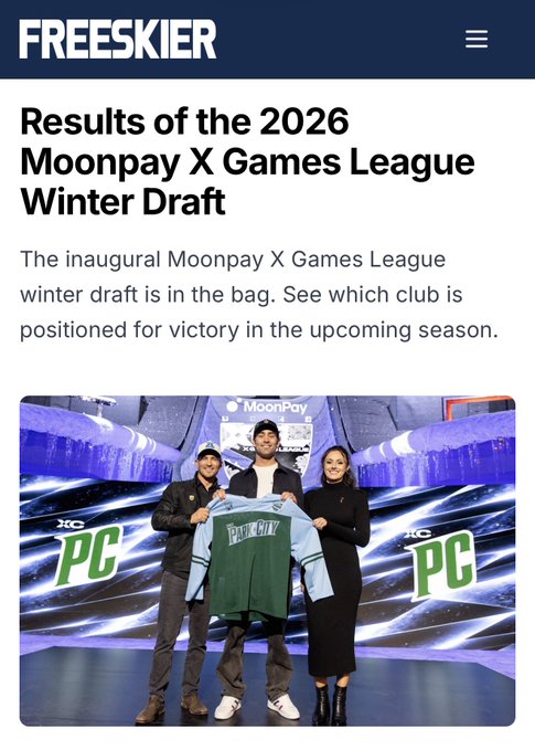 A screenshot from Freeskier magazine displays an article titled "Results of the 2026 Moonpay X Games League Winter Draft," showing three people on stage holding up a green Park City "PC" jersey with MoonPay branding visible in the backdrop, highlighting the inaugural winter draft results as teased by the freeskier.com recap link.