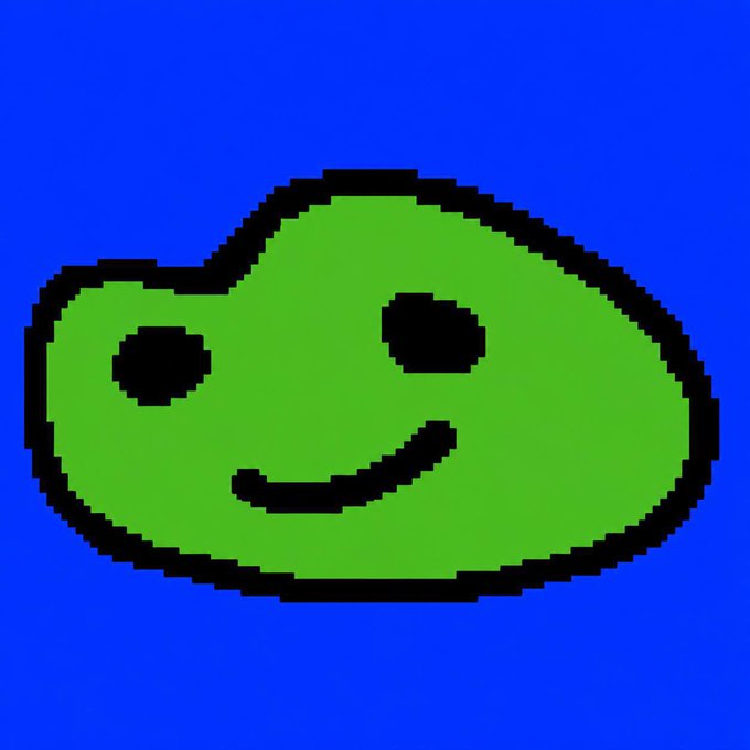 A simple pixel art graphic showing a green smiling blob-like character with black eyes and mouth against a solid blue background.