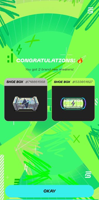 STEPN app 'Congratulations!' screen showing two new NFT sneaker Shoe Boxes acquired (#710861568 and #533051627) with an OKAY button.