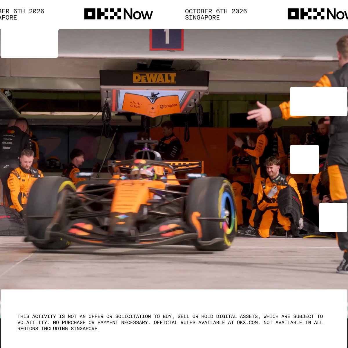 A McLaren Formula 1 car is shown being serviced in a pit garage, with "DEWALT" prominently displayed on the overhead rig and "OKX," "Estrella Galicia," and "Dropbox" logos visible on the vehicle. The image promotes an OKX Now event scheduled for October 6th, 2026 in Singapore, offering a race weekend experience at the Singapore Grand Prix.
