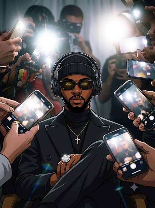 A digital illustration of a stylish man in a black beanie, sunglasses, and suit wearing headphones, surrounded by paparazzi taking photos with phone flashes.