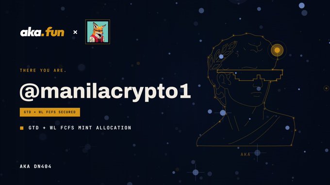 Dark blue promotional graphic for 'aka.fun' featuring the username '@manilacrypto1', tags 'GTD + BL FCFS SECURED' and 'GTD + WL FCFS MINT ALLOCATION', alongside an illustration of a classical bust wearing VR goggles.