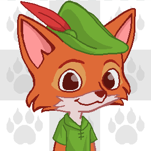 A cartoon illustration of a smiling orange fox character wearing a green Robin Hood-style hat with a red feather and a matching green tunic.