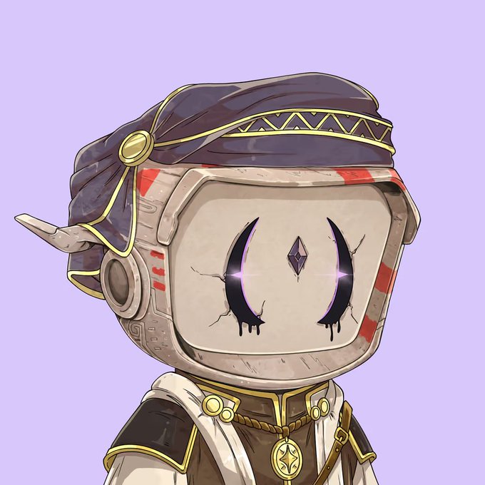 An illustration of a robotic character wearing a purple turban and hooded robes, featuring a cracked white mask with purple glowing eyes and a diamond-shaped emblem.