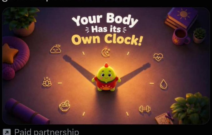 A 3D animated graphic showing a small green character with text 'Your Body Has Its Own Clock!' surrounded by icons representing health metrics like sleep, exercise, and meditation.