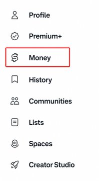 A navigation menu highlighting the "Money" option in red, indicating the new X Money feature that is rolling out to select US users with a $25 welcome bonus and up to 6.00% APY.