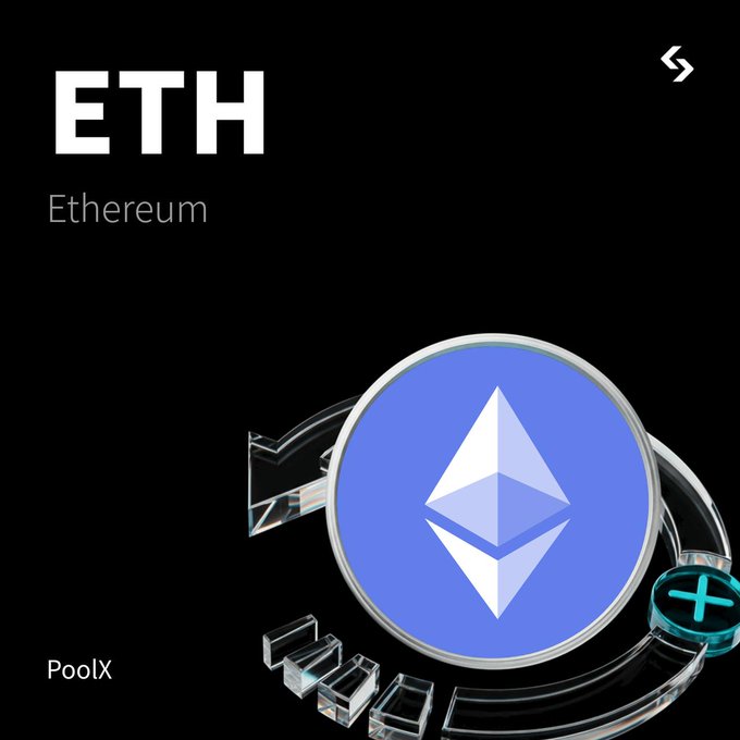 A stylized graphic featuring the Ethereum (ETH) logo on a blue circular badge against a black background, with "ETH" and "Ethereum" text in the upper left and the "PoolX" label at the bottom left, promoting Bitget's ETH locking event with a 150,000 USDT airdrop pool.