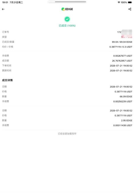 A completed "EDGE" transaction receipt showing order #172 fully filled for 69.04 EDGE tokens at an average price of 0.387719 USDT, totaling 26.76762957 USDT, confirming the user's claim of 26u $EDGE from the post about redeeming points for tokens.