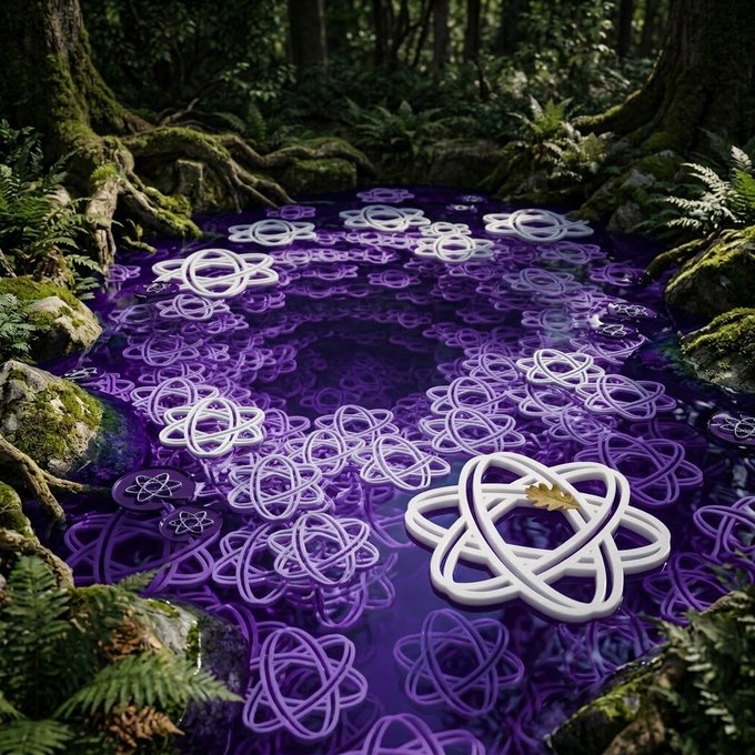 A surreal digital artwork depicting a purple pool of water in a forest filled with floating white atom-like symbols and molecular structures, with one gold-accented atom ring in the foreground.