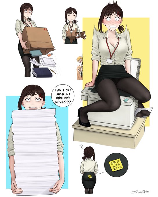 An anime-style illustration showing an office worker character in multiple scenes, including carrying a box, sitting on a printer (with a speech bubble saying 'CAN I GO BACK TO HUNTING DEVILS??'), and a small note reading 'DENJI WAS HERE.'