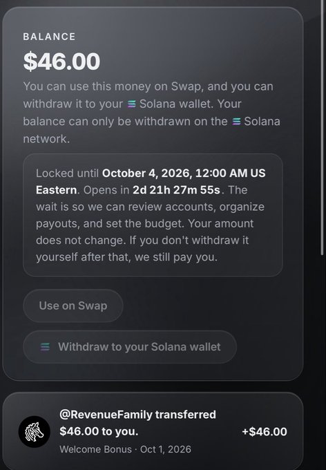 A digital wallet screenshot showing a $46.00 balance on the Solana network, locked until October 4, 2026, with options to 'Use on Swap' or 'Withdraw to your Solana wallet' and a note that @RevenueFamily transferred $46.00 as a Welcome Bonus on Oct 1, 2026.