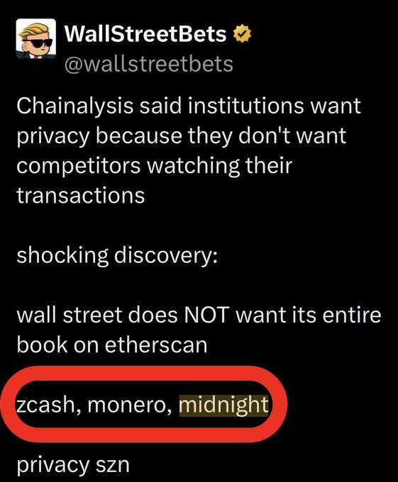 A screenshot of a tweet from WallStreetBets (@wallstreetbets) discussing privacy in crypto, mentioning Chainalysis, and listing 'zcash, monero, midnight' circled in red.