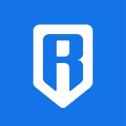 A stylized white "R" logo on a blue shield-shaped background, representing the Ronin Network cryptocurrency platform, accompanied by a message comparing its transaction fees favorably to Robinhood.