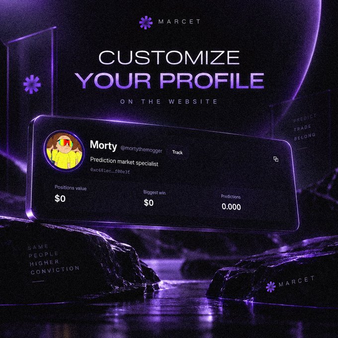 A purple-themed Marcet promotional image reading 'CUSTOMIZE YOUR PROFILE ON THE WEBSITE', featuring a profile card for 'Morty @morty_themogger', described as a 'Prediction market specialist'.