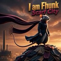 A movie poster titled 'I am Fhunk: Scarf City' features a rat in a coat and red scarf with a flowing cape, standing on a rooftop overlooking an industrial city at sunset.