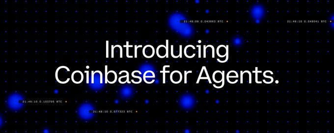The image features a banner with blue dots that reads "Introducing Coinbase for Agents". The text also includes the words "Coinbase" and "Agents", indicating that this is an advertisement or promotional material related to cryptocurrency trading platforms, specifically Coinbase.