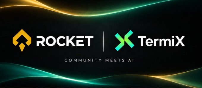 A partnership banner displaying the ROCKET and TermiX logos side by side with the tagline 'COMMUNITY MEETS AI' against a dark background with teal and gold light effects.