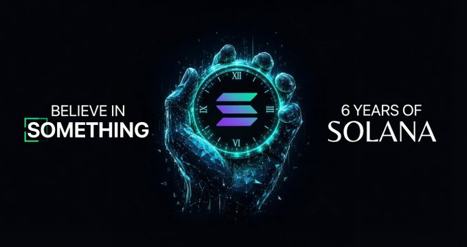 A promotional graphic reading 'BELIEVE IN SOMETHING' and '6 YEARS OF SOLANA' alongside a glowing hand holding a clock displaying the Solana logo.