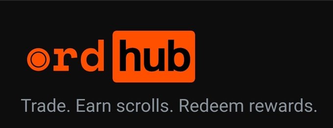 A logo graphic for 'ord hub' with the tagline 'Trade. Earn scrolls. Redeem rewards.' displayed in orange and white text on a black background.