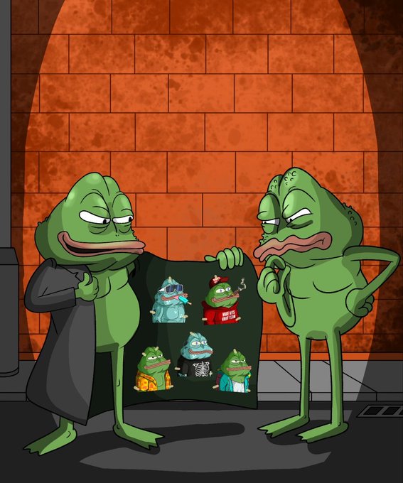 The image features Pepe the Frog characters in a dramatic spotlight setting, with one cloaked Pepe holding up a poster displaying various Pepe-themed NFT designs, promoting the "Temple of Pepe" mint collection at reduced prices.