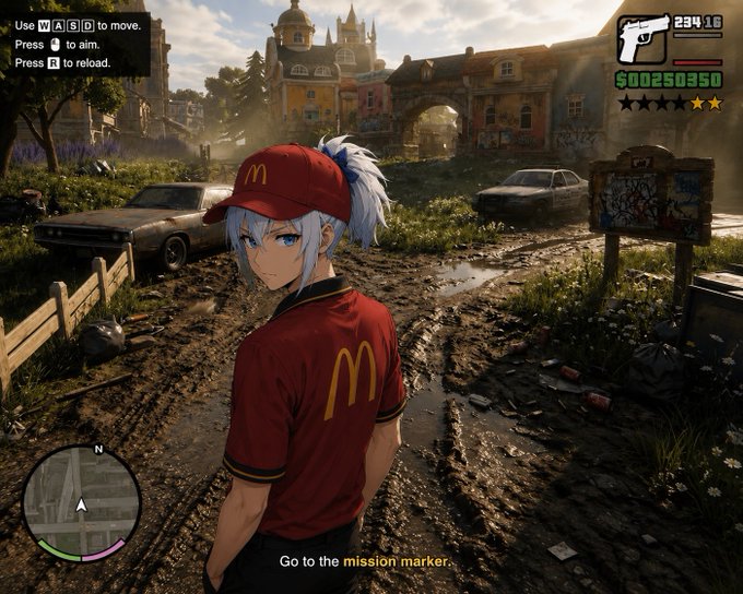 An anime character with white hair and a McDonald's cap and shirt superimposed onto a video game scene, appearing to be from GTA, with HUD elements visible and the mission text 'Go to the mission marker.'
